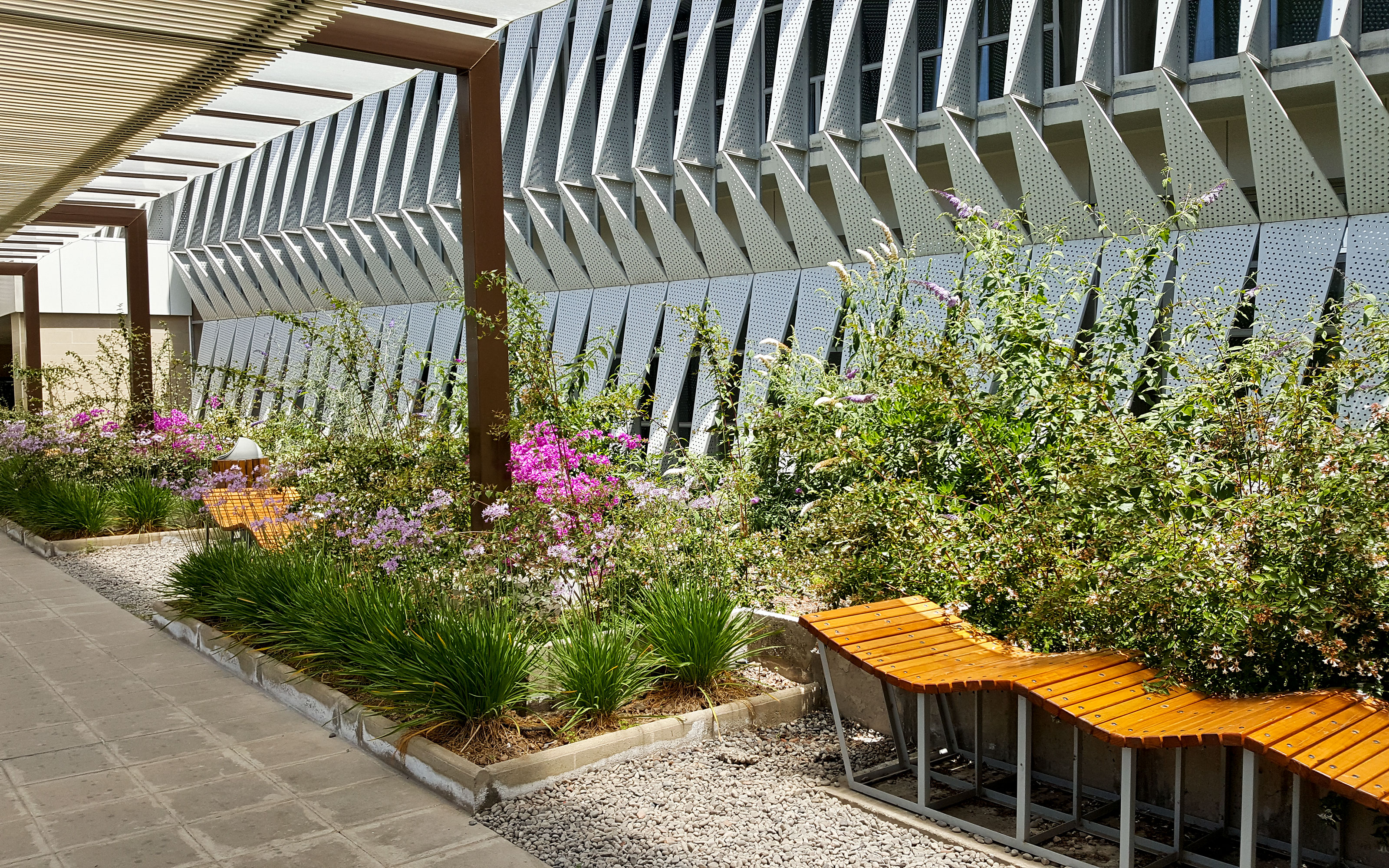 Terraza ajardinada con macizos de flores y bancos de madera