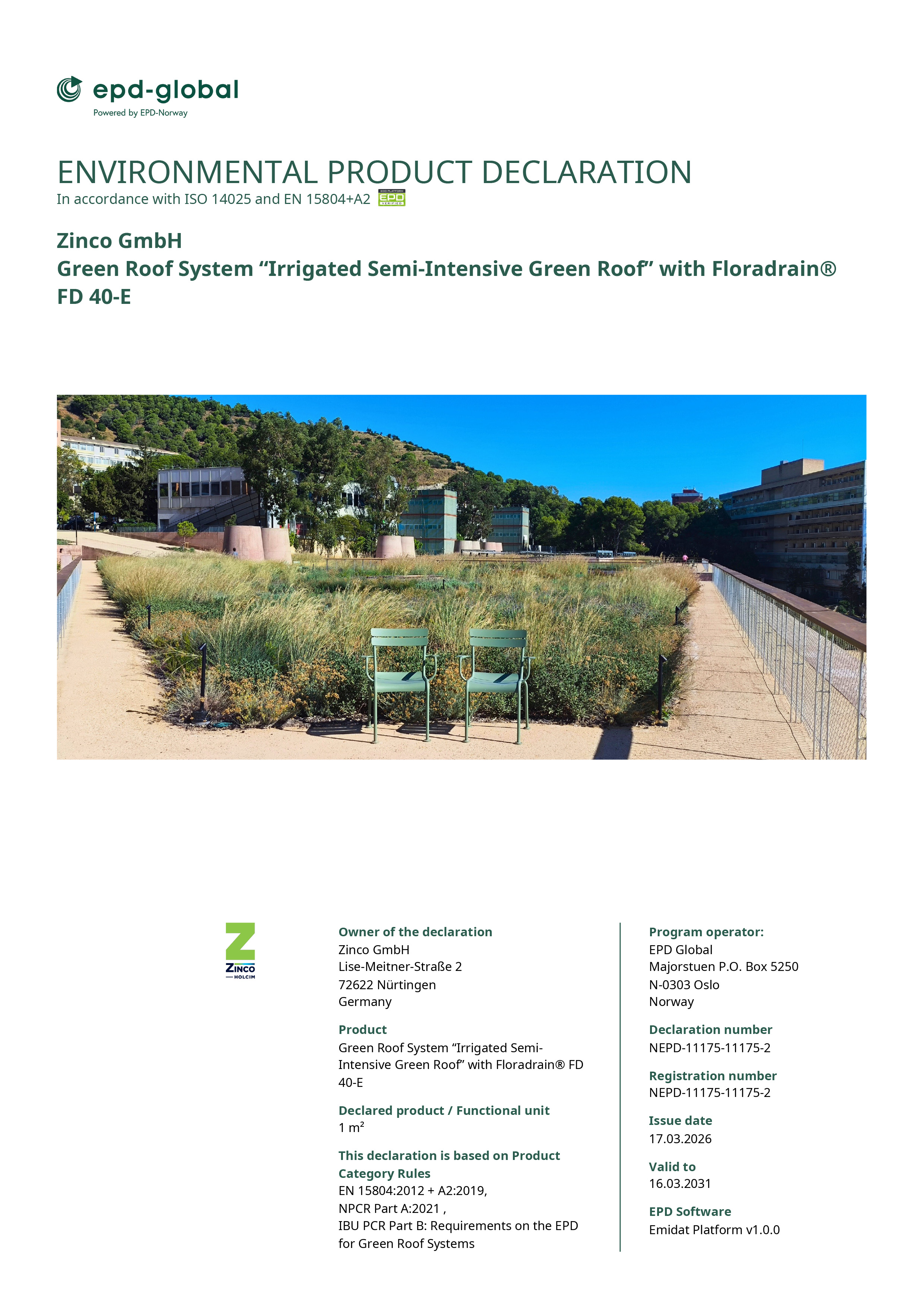 EPD para el sistema “Cubierta verde extensiva con riego integrado” con Floradrain® FD 25-E
