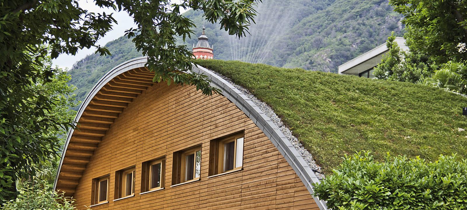 Casa de madera con la cubierta abovedada ajardinada