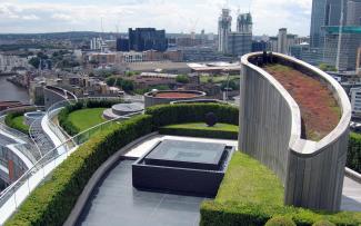 El diseño del edificio se caracteriza por sus formas ovaladas. Cubiertas ajardinadas con Sedum, césped, arbustos y una pequeña piscina en su centro