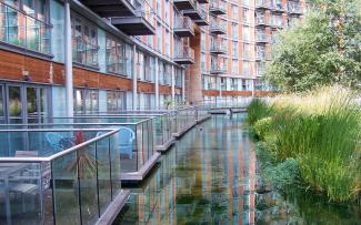 Los árboles se extienden hasta un ancho canal acuático situado en la parte delantera del edificio. Un ancho canal acuático delante del edificio