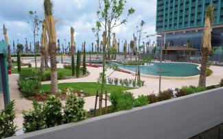 Un parque con palmeras, zonas peatonales y piscinas sobre una cubierta de garaje subterráneo